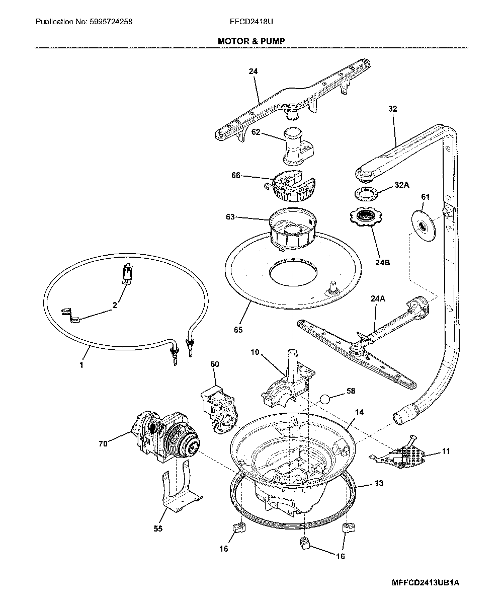 Motor & pump Diagram and Parts List for FFCD2418UB3A  Frigidaire Dishwasher
