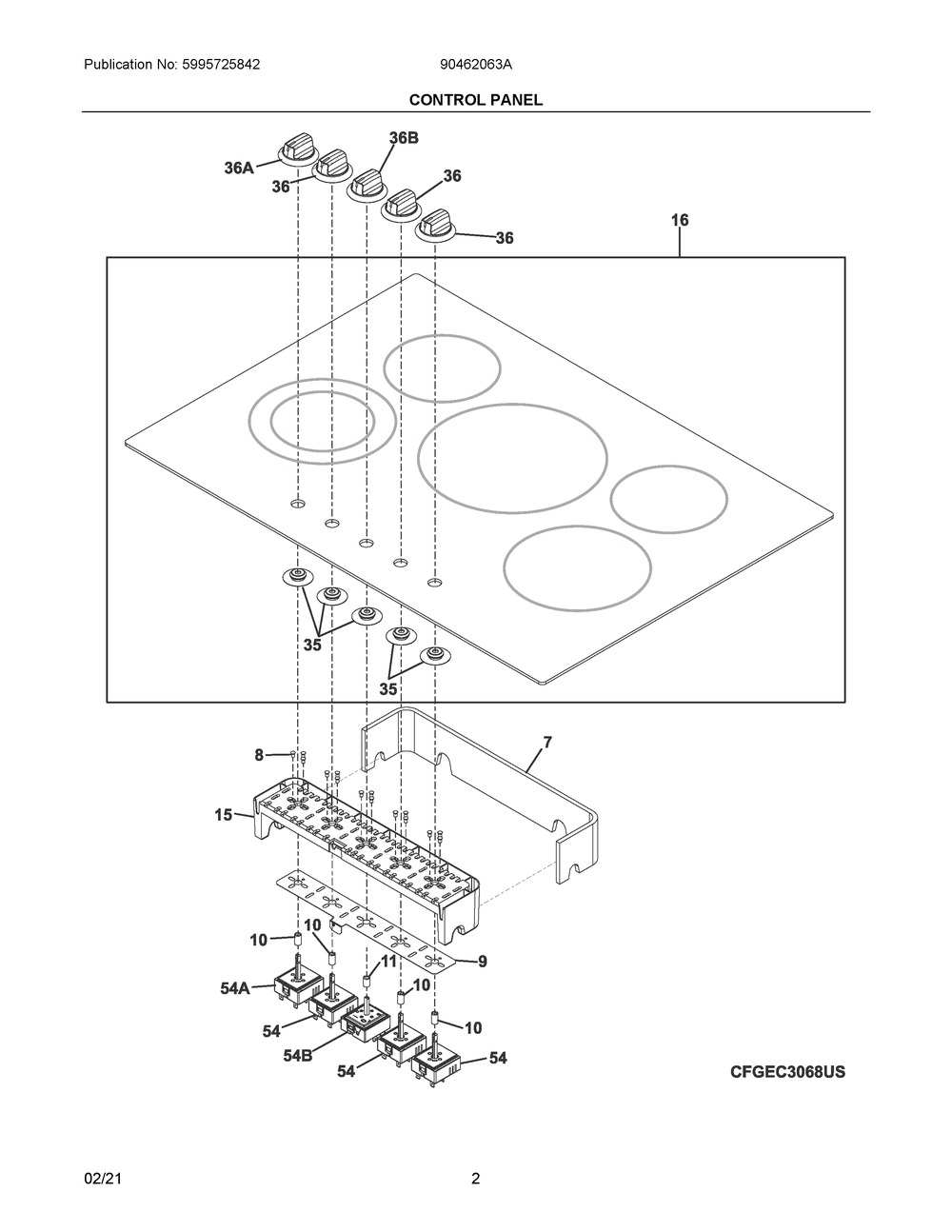 Control Panel Diagram and Parts List for 90462063A  Frigidaire Range