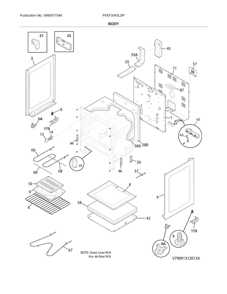 Body Diagram and Parts List for FFEF3043LSP  Frigidaire Range