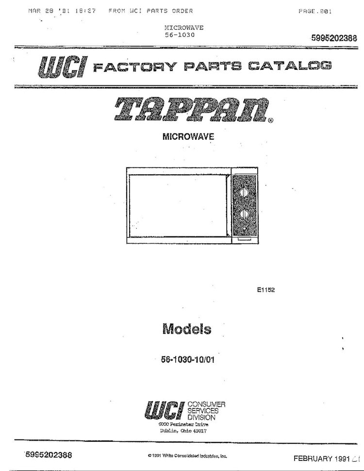 Front Page Diagram and Parts List for 56-1030  Frigidaire Microwave