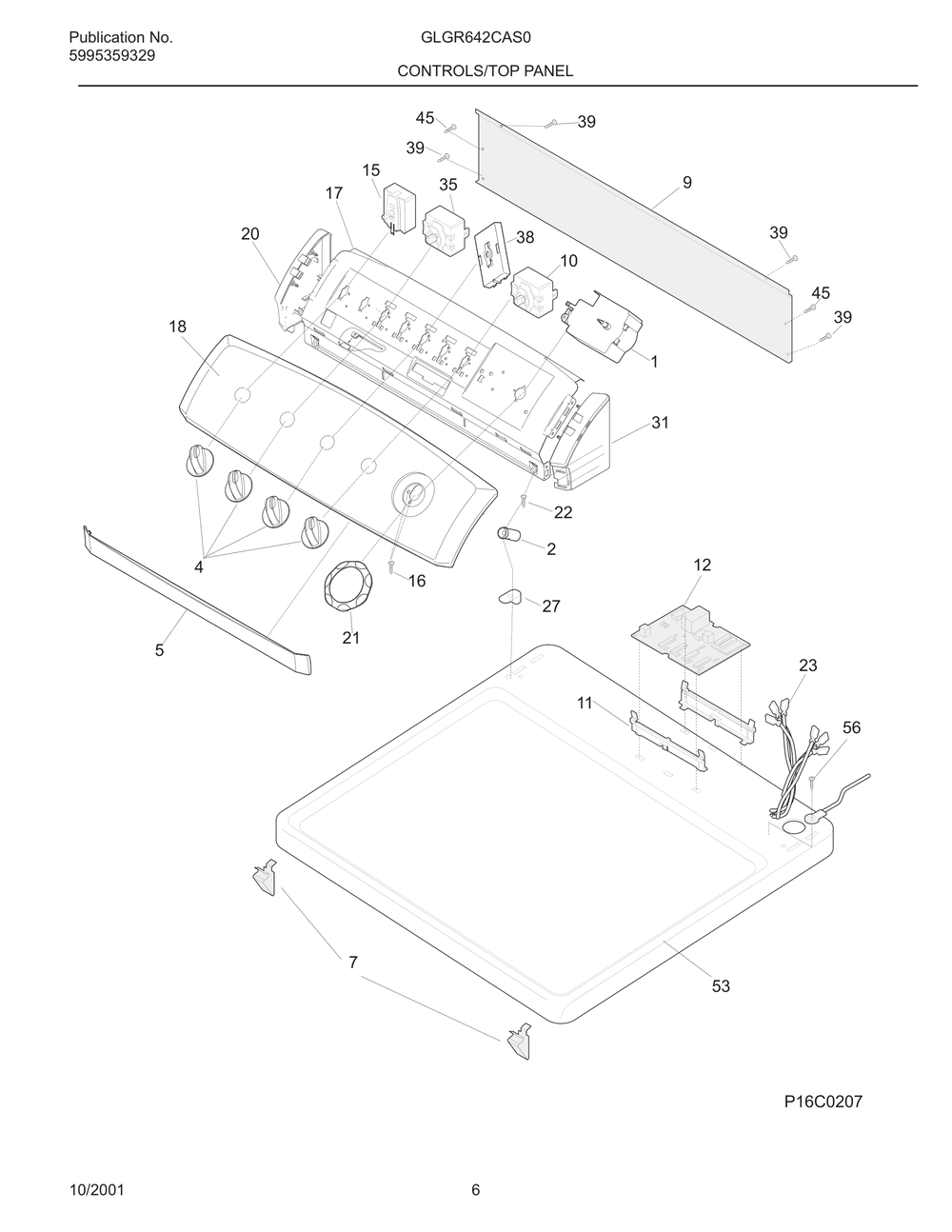 Controls/Top Panel Diagram and Parts List for GLGR642CAS0  Frigidaire Dryer