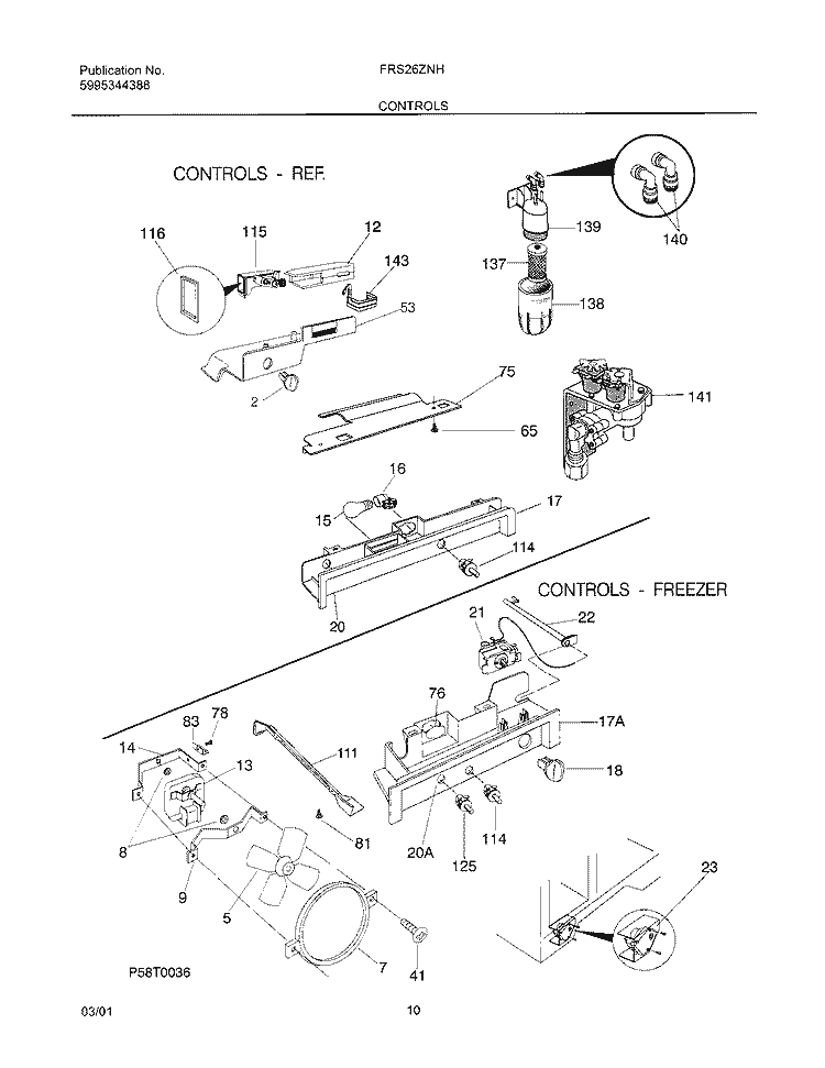 CONTROLS Diagram and Parts List for FRS26ZNHW2  Frigidaire Refrigerator