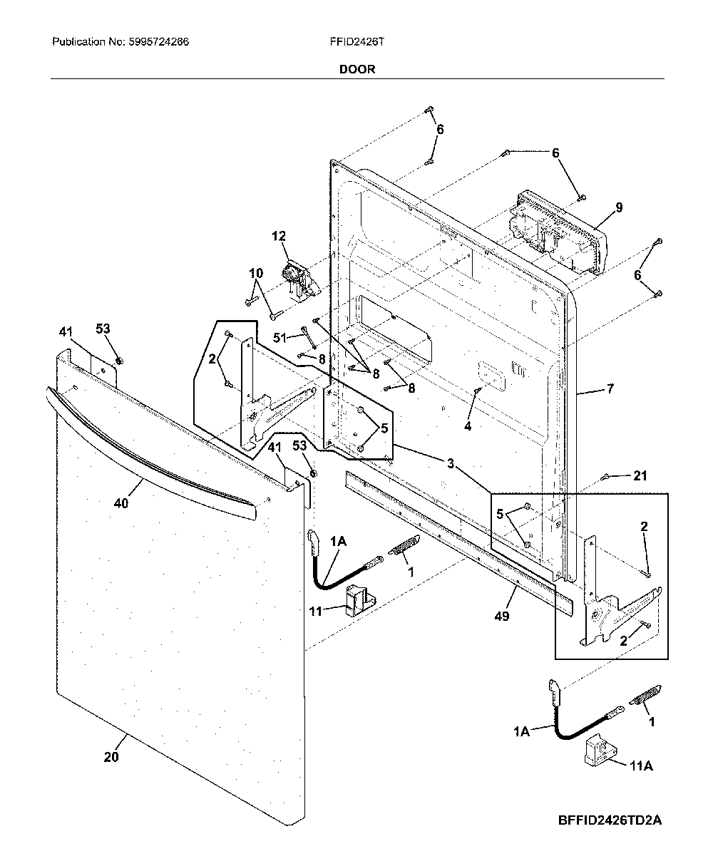 Door Diagram and Parts List for FFID2426TB3A  Frigidaire Dishwasher