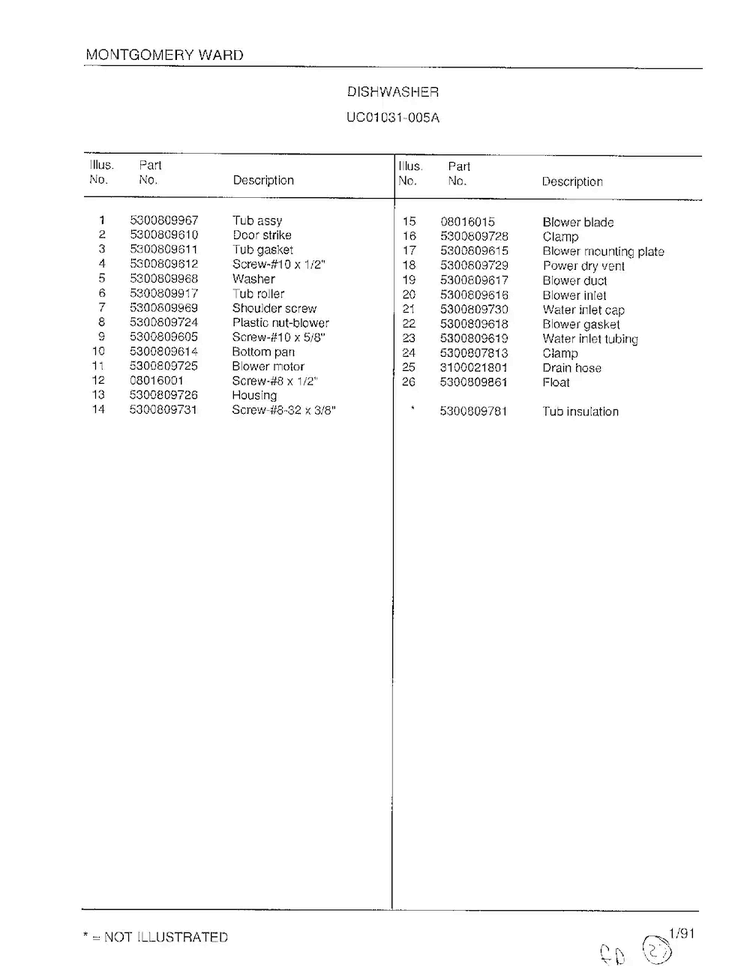 Dishwasher Page 6 Diagram and Parts List for 1031-005A  Frigidaire Dishwasher
