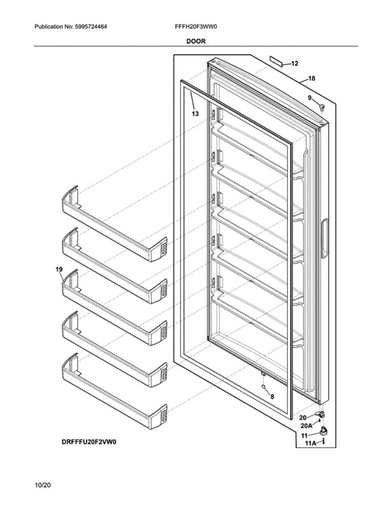 Door Diagram and Parts List for FFFH20F3WW0  Frigidaire Freezer