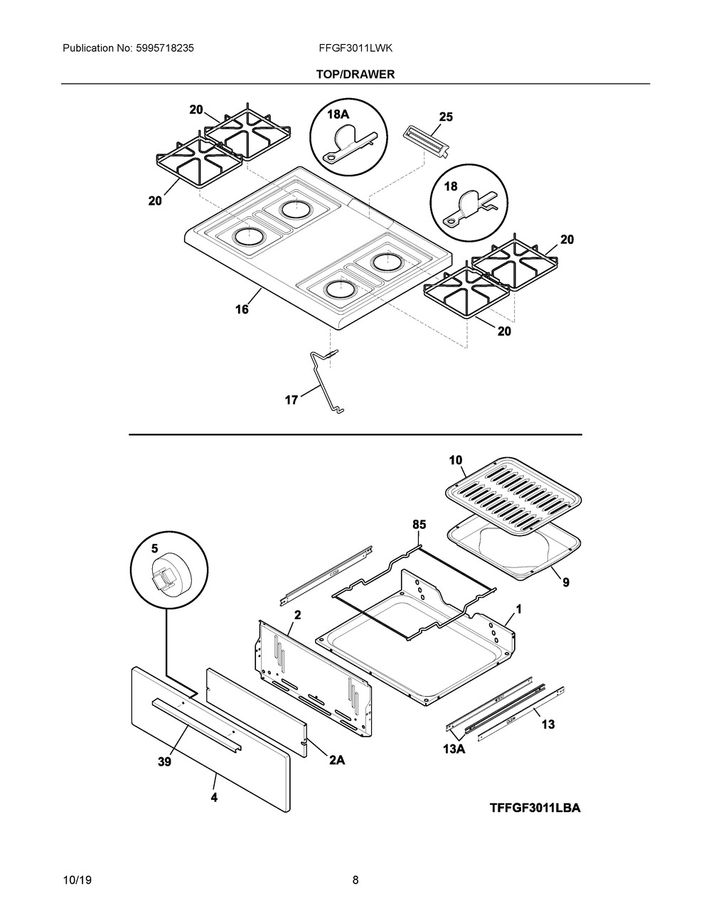 Top/drawer Diagram and Parts List for FFGF3011LWK  Frigidaire Range
