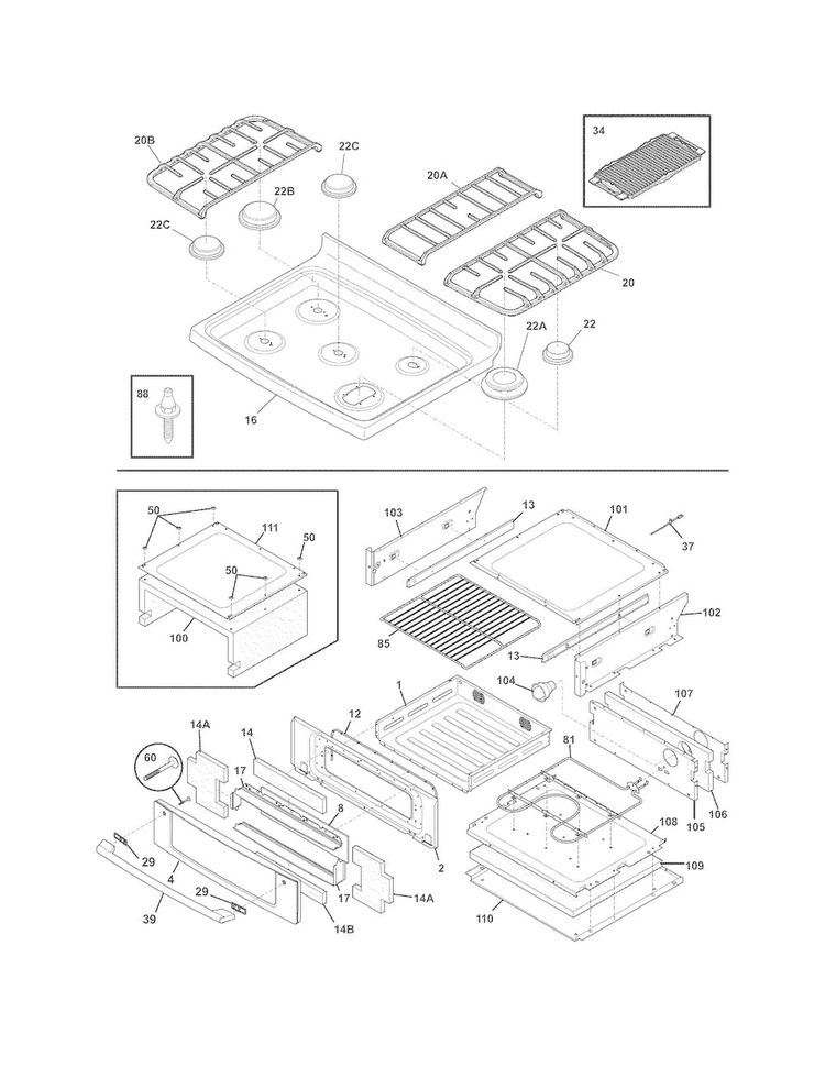 Top/drawer Diagram and Parts List for EW30GF65GSM  Electrolux Range