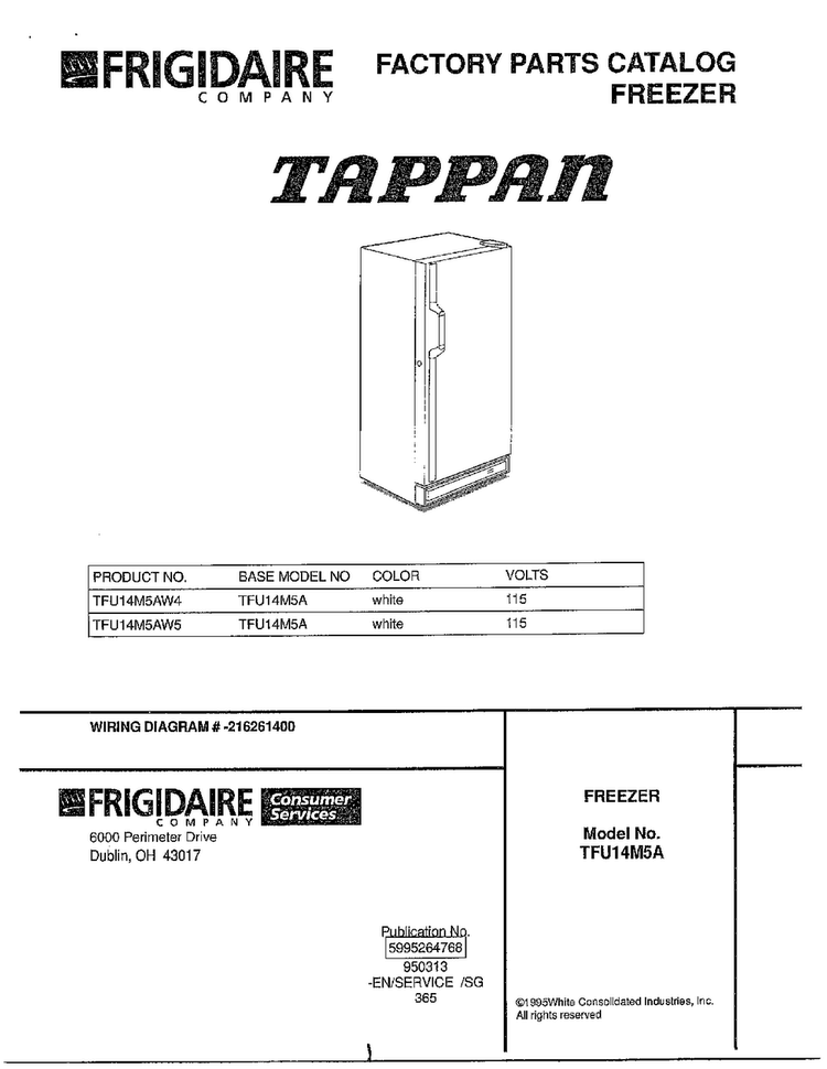 Freezer/front Cover Diagram and Parts List for TFU14M5A  Tappan Freezer