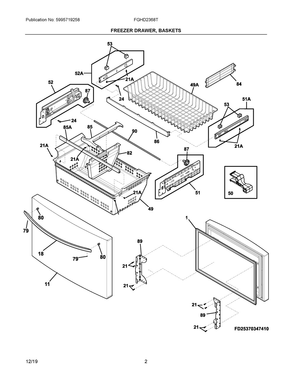 Freezer Drawer, Baskets Diagram and Parts List for FGHD2368TF6  Frigidaire Refrigerator