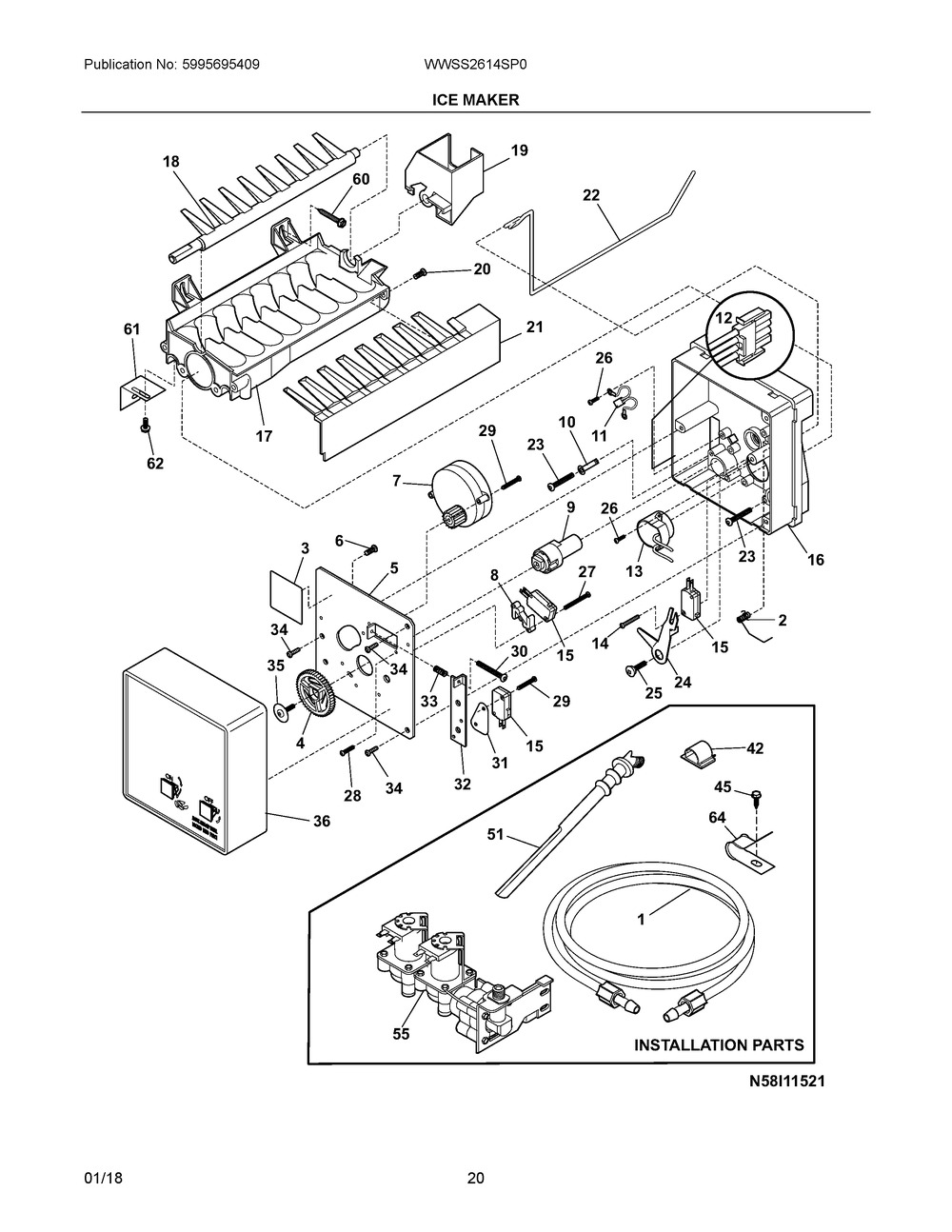 Ice Maker Diagram and Parts List for WWSS2614SP0  Frigidaire Refrigerator