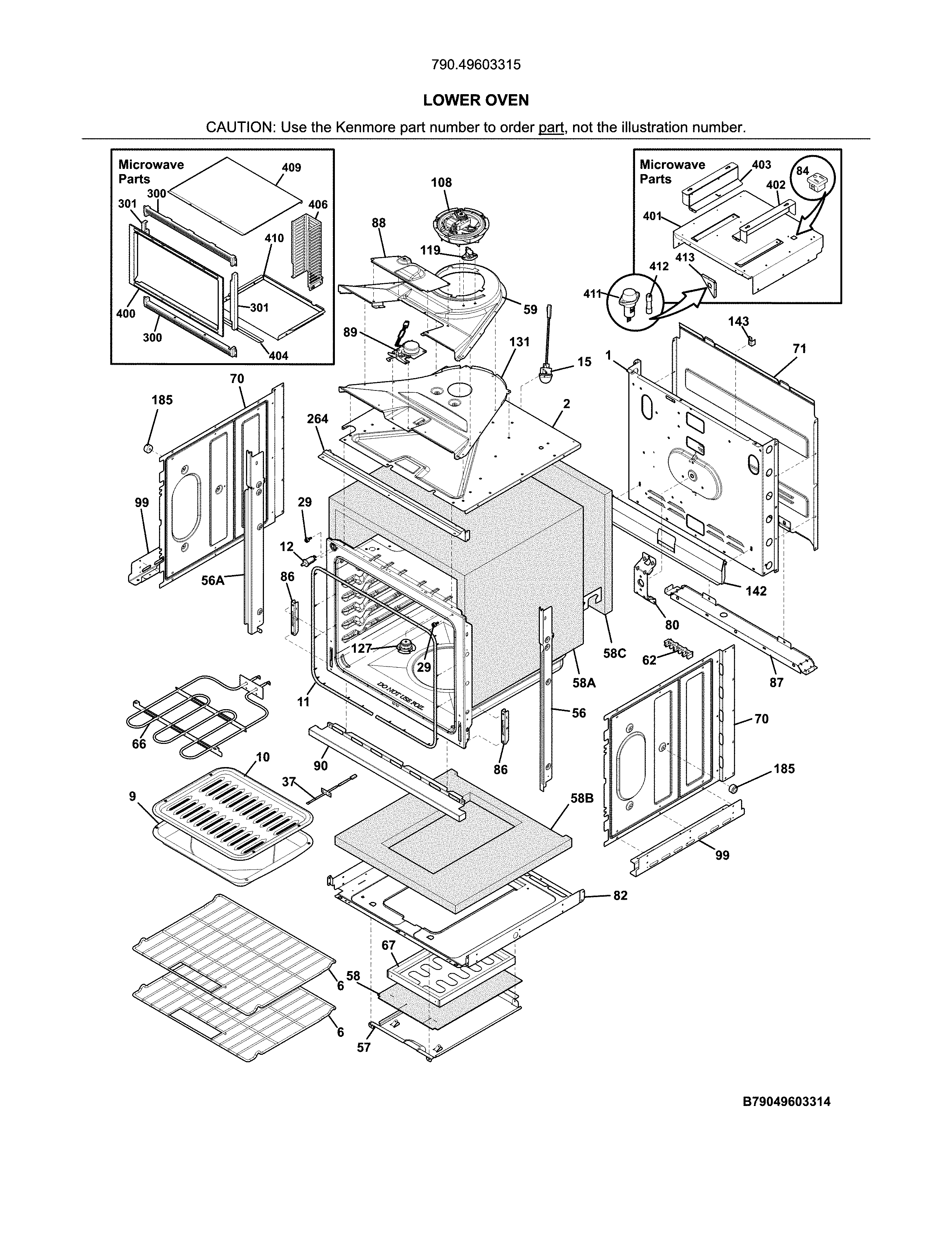 Lower Oven Diagram and Parts List for 79049603315  Kenmore Microwave