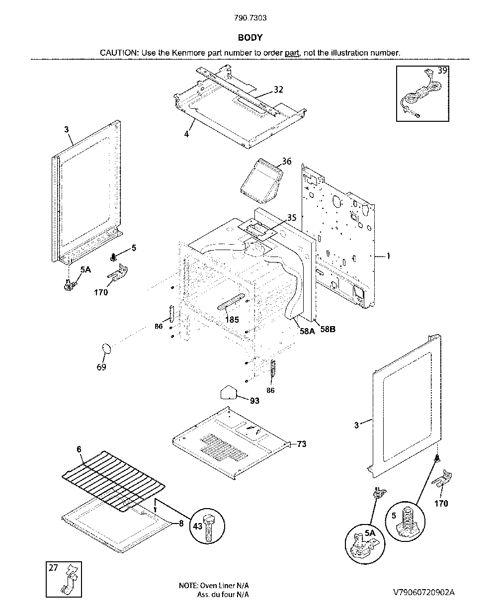 Body Diagram and Parts List for 79073039316  Kenmore Range