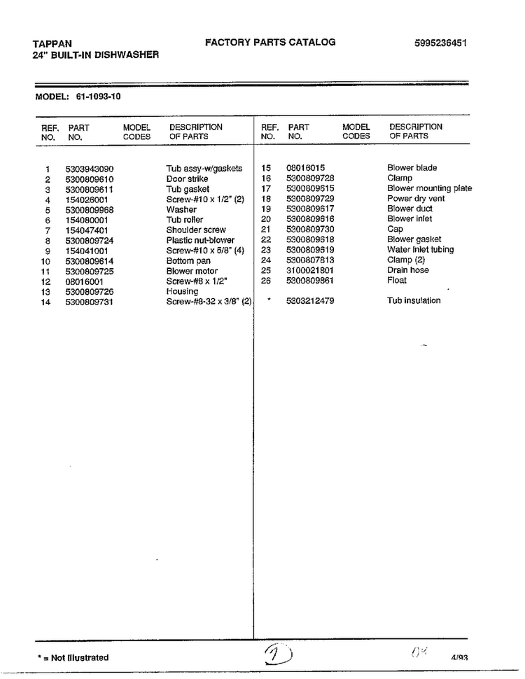 Parts List Diagram and Parts List for 61-1093-10  Frigidaire Dishwasher