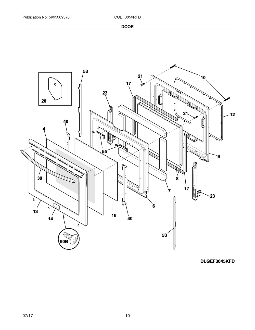 Door Diagram and Parts List for CGEF3059RFD  Frigidaire Range