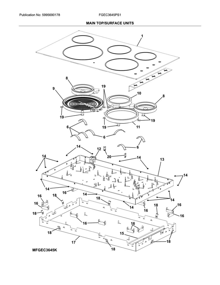 Main Top/surface Units Diagram and Parts List for FGEC3645PS1  Frigidaire Cooktop