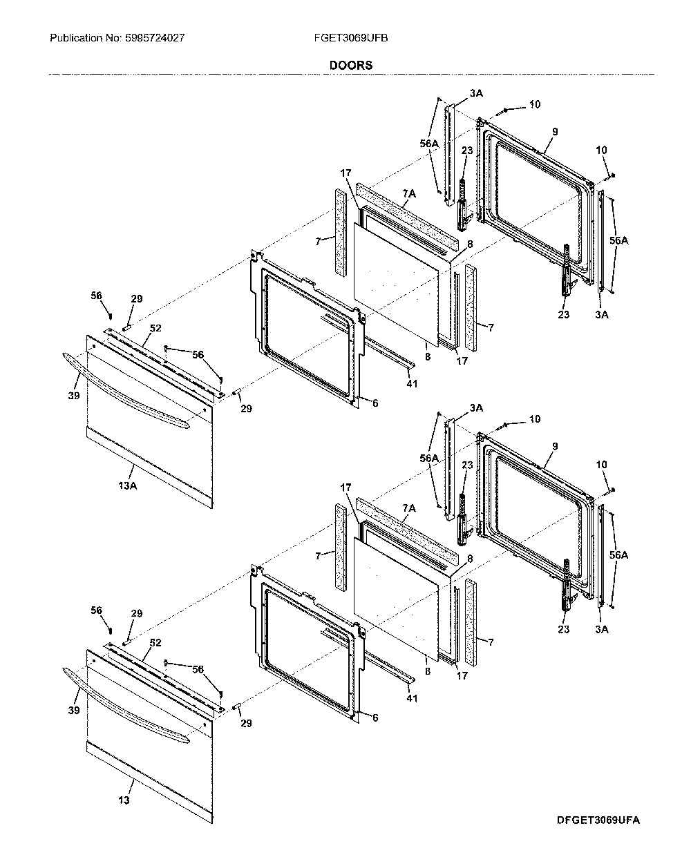 Doors Diagram and Parts List for FGET3069UFB  Frigidaire Wall Oven