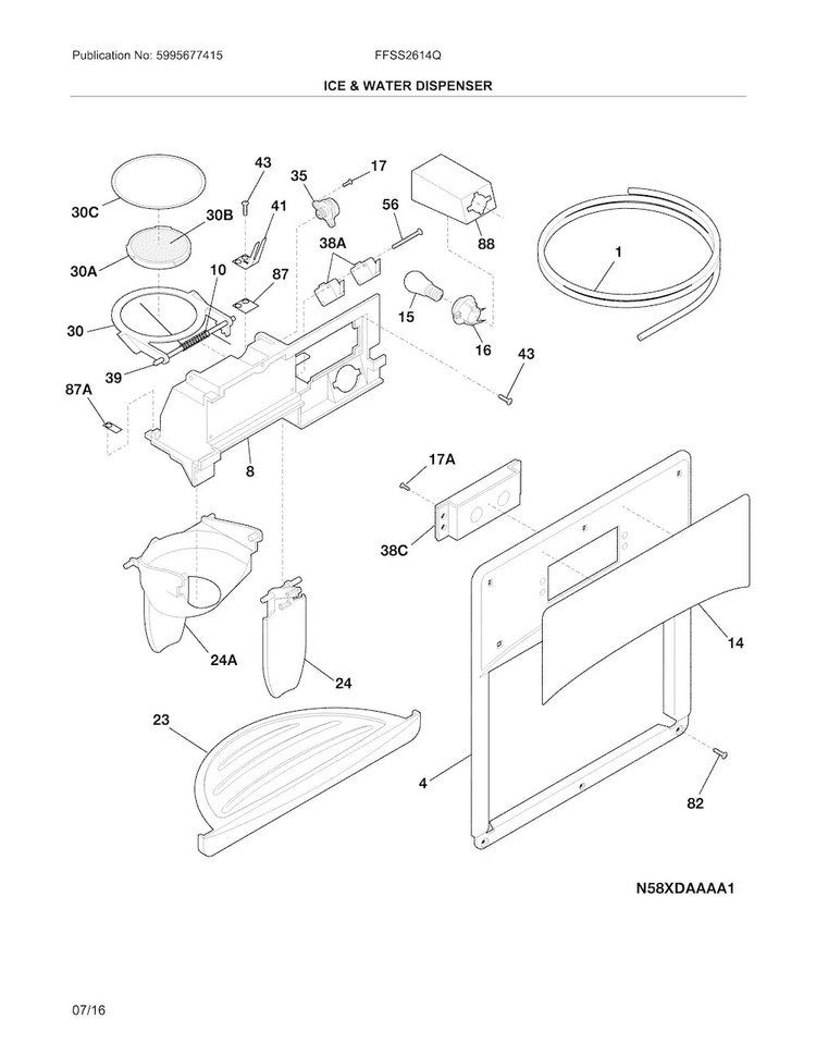 Ice & Water Dispenser Diagram and Parts List for FFSS2614QE6A  Frigidaire Refrigerator