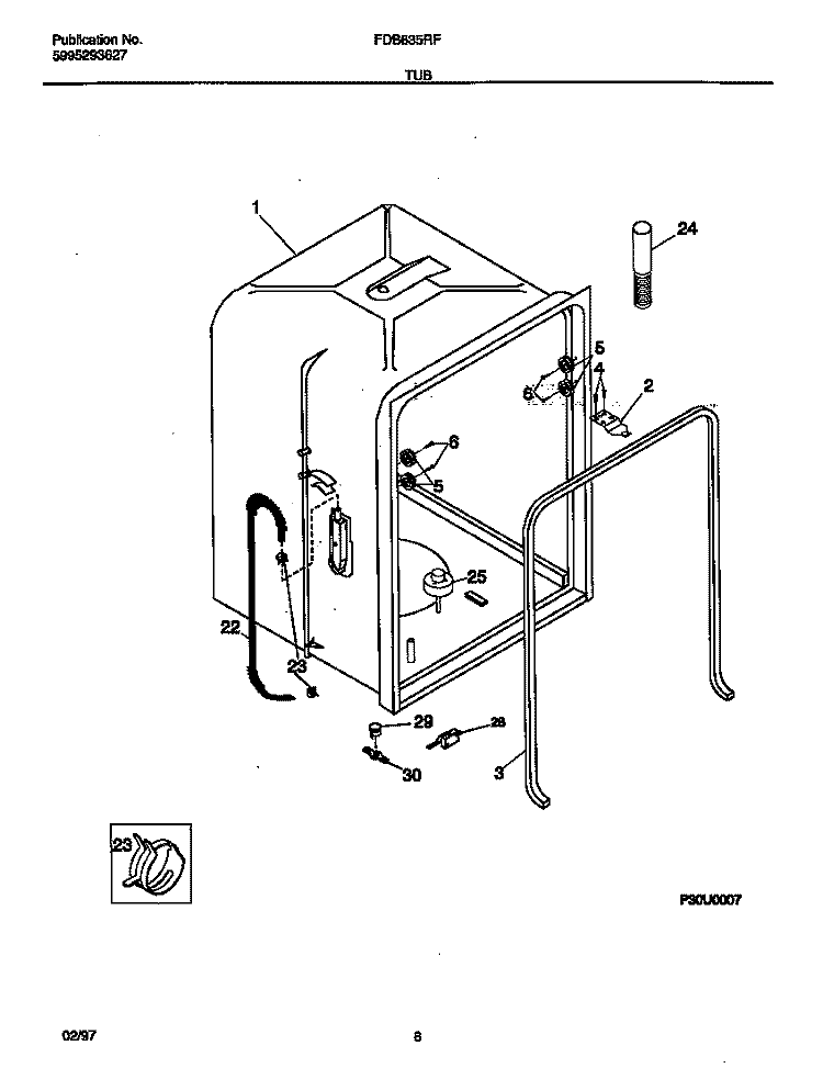 TUB Diagram and Parts List for FDB635RFS2  Frigidaire Dishwasher