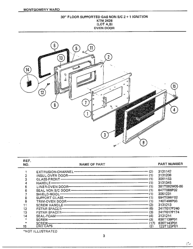 Oven Door Diagram and Parts List for 2428B  Frigidaire Range