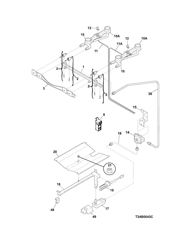 Burner Diagram and Parts List for FFGF3011LWF  Frigidaire Range