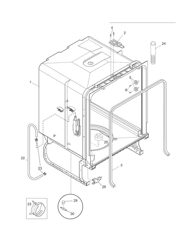 Tub Diagram and Parts List for FDB1100RHQ3B  Frigidaire Dishwasher