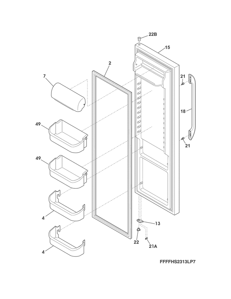 Refrigerator Door Diagram and Parts List for FFHS2322MBHA  Frigidaire Refrigerator