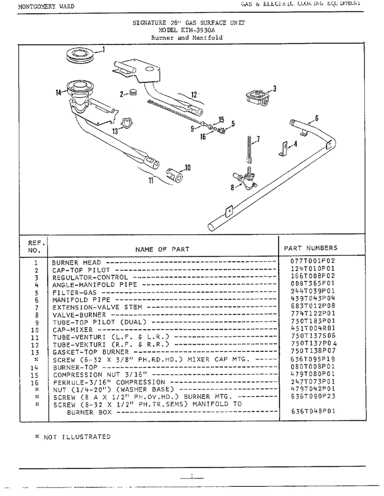 Burner And Manifold Diagram and Parts List for 3930A  Frigidaire Cooktop