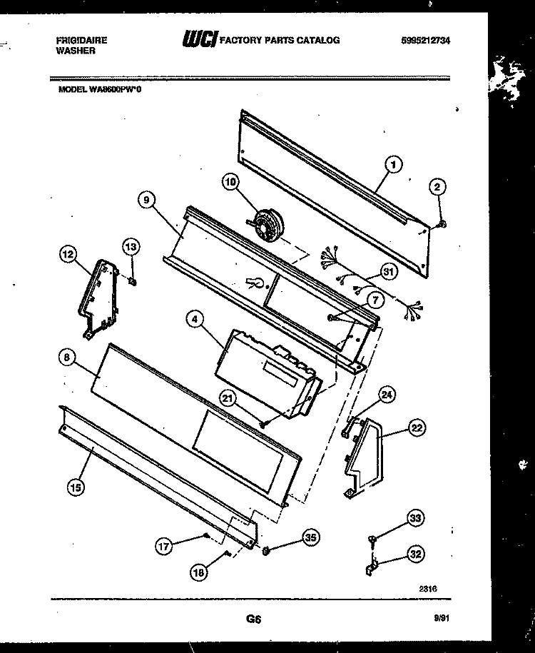 CONSOLE AND CONTROL PARTS Diagram and Parts List for WA8600PW0  Frigidaire Washer
