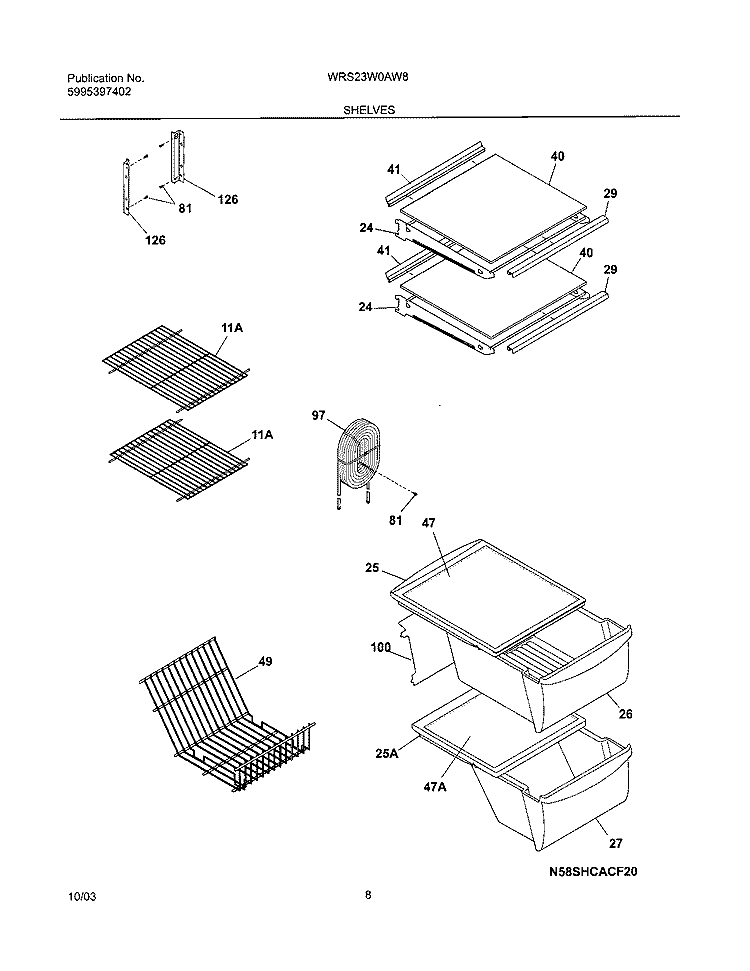 SHELVES Diagram and Parts List for WRS23W0AW8  Westinghouse Refrigerator