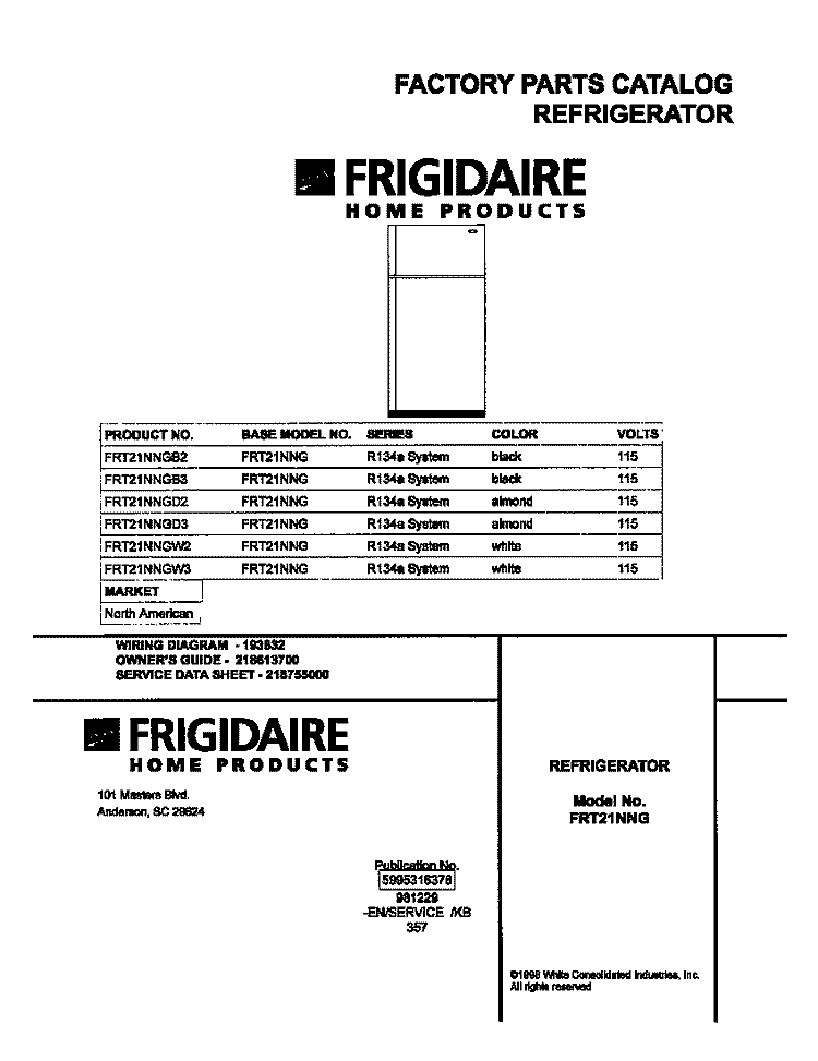 COVER Diagram and Parts List for FRT21NNGB2  Frigidaire Refrigerator