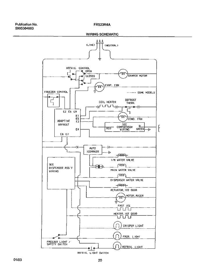 WIRING SCHEMATIC Diagram and Parts List for FRS23R4AW9  Frigidaire Refrigerator