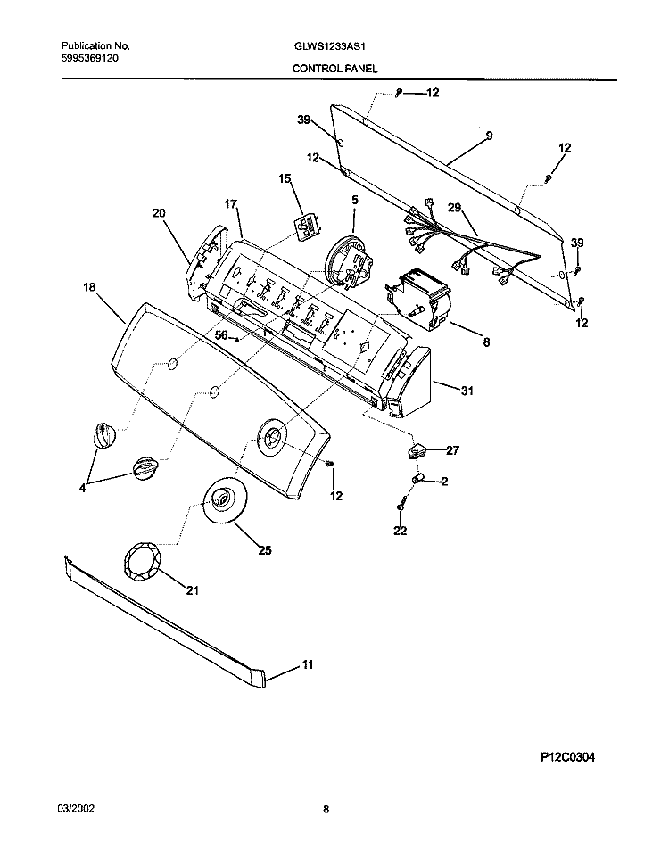 CONTROL PANEL Diagram and Parts List for GLWS1233AS1  Frigidaire Washer