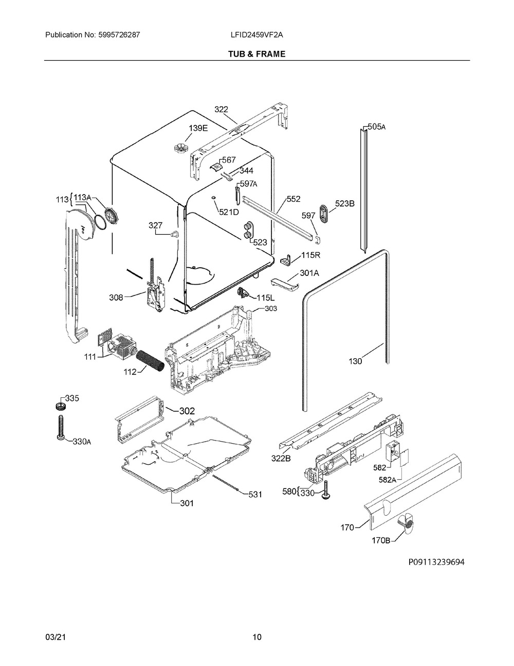 Tub And Frame Diagram and Parts List for LFID2459VF2A  Frigidaire Dishwasher