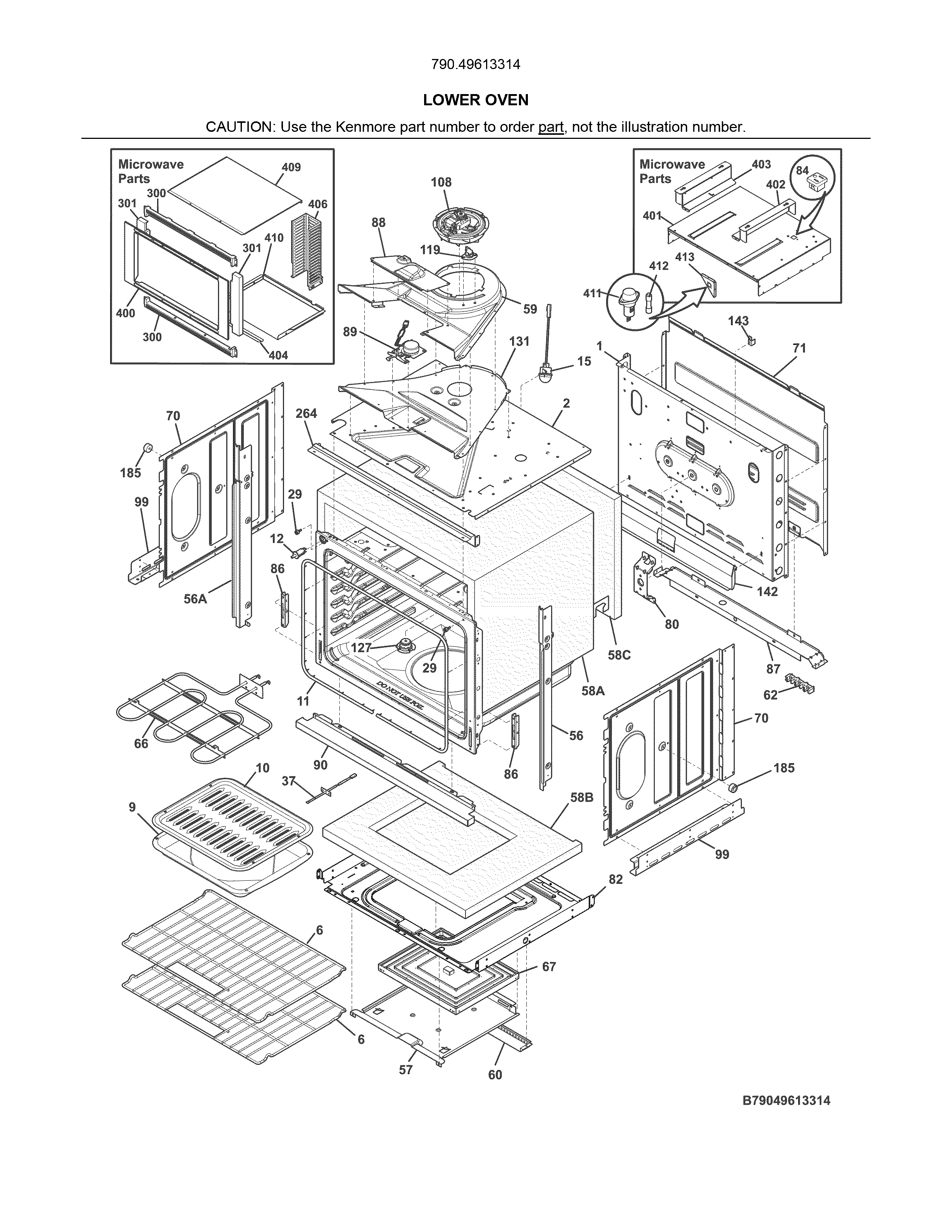 Lower Oven Diagram and Parts List for 79049613314  Kenmore Microwave