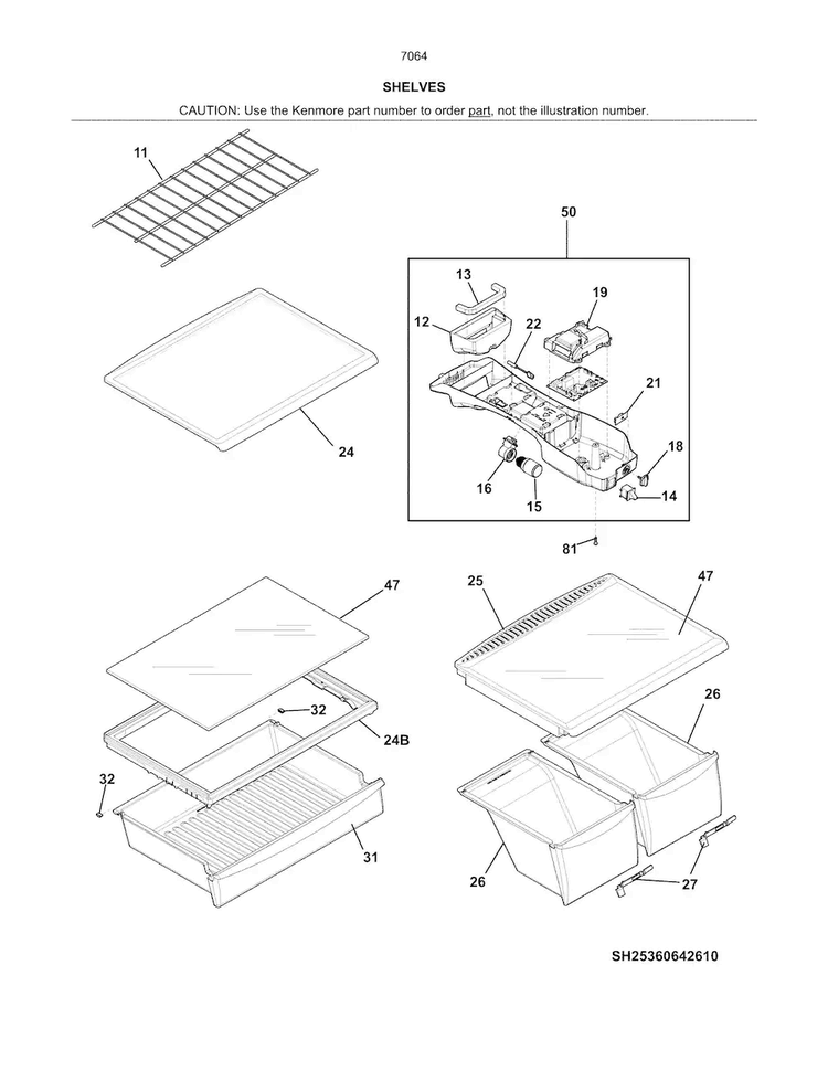 Shelves Diagram and Parts List for 25370642610  Kenmore Refrigerator