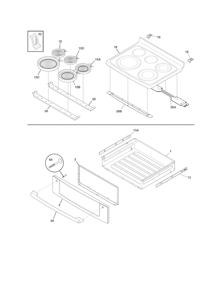 Top/drawer Diagram and Parts List for EI30EF35JSA  Electrolux Range