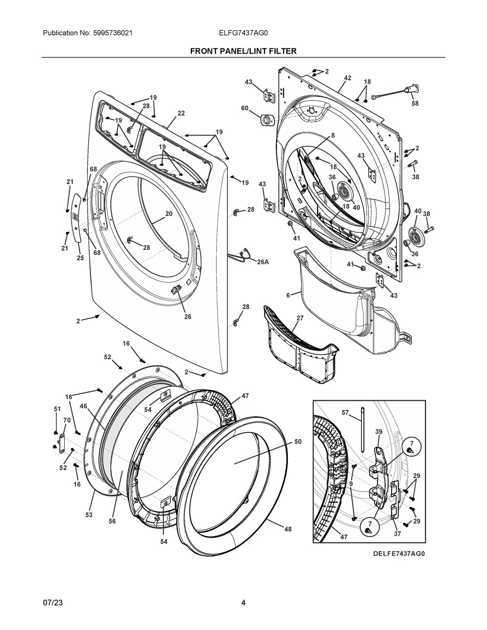 Front Panel/Lint Filter Diagram and Parts List for ELFG7437AG0  Frigidaire Dryer