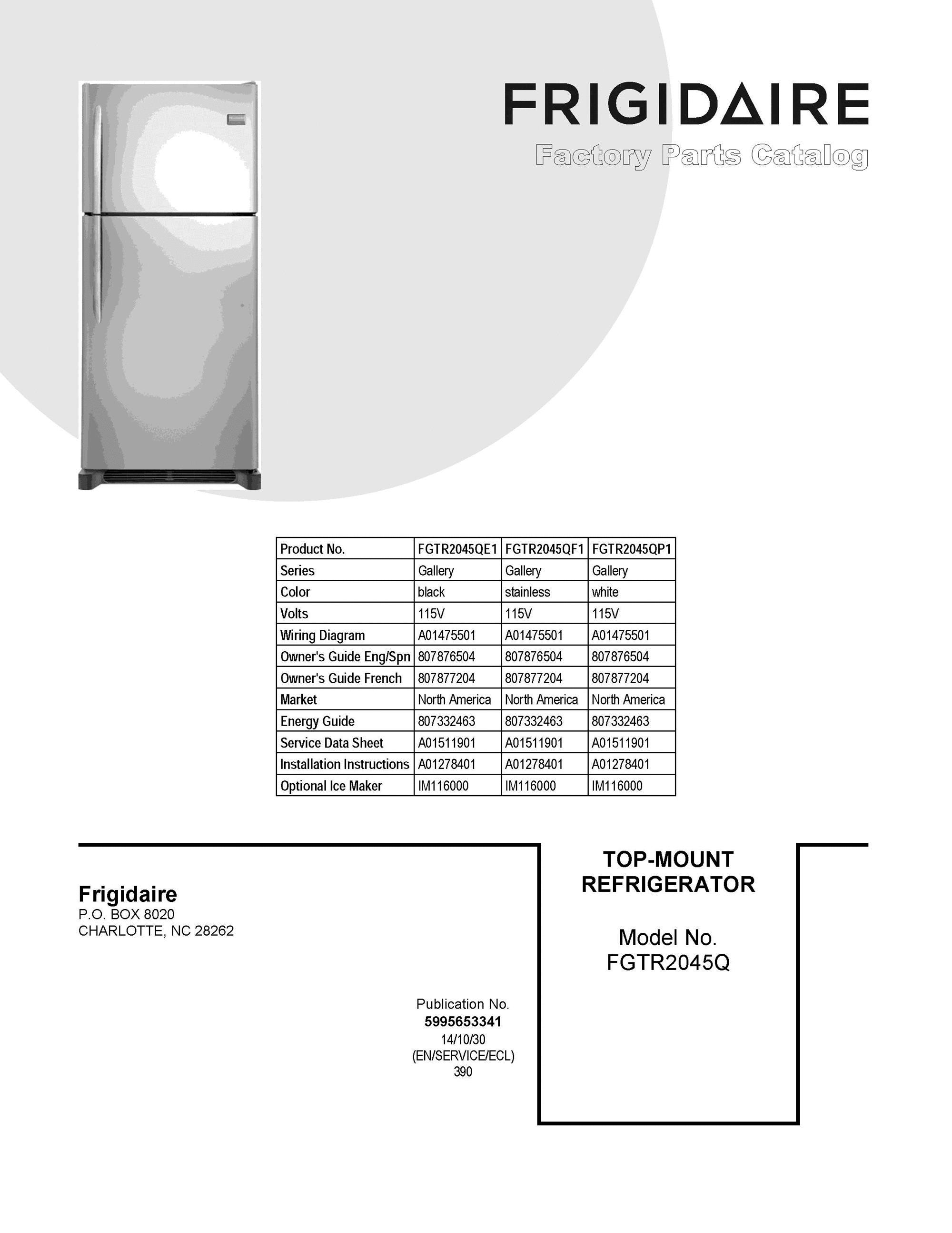 01 - COVER SHEET Diagram and Parts List for FGTR2045QP1  Frigidaire Refrigerator