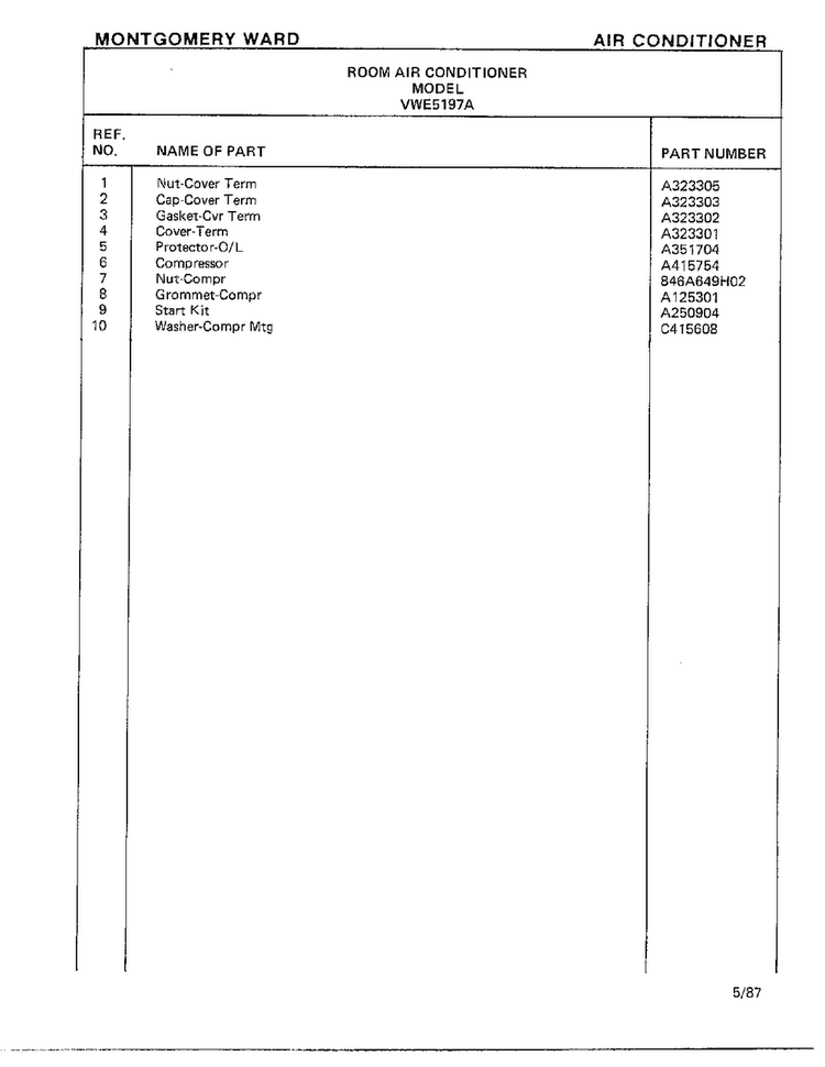 Air Conditioner Page 8 Diagram and Parts List for 5197A  Frigidaire Air Conditioner