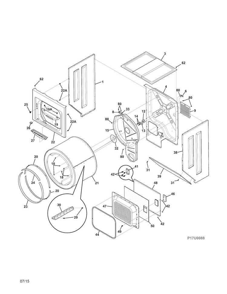 Upper Cabinet/drum Heater Diagram and Parts List for SFLG4033RW0  Frigidaire Washer Dryer Combo