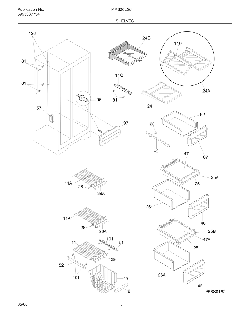 Shelves Diagram and Parts List for MRS26LGJW1  Frigidaire Refrigerator
