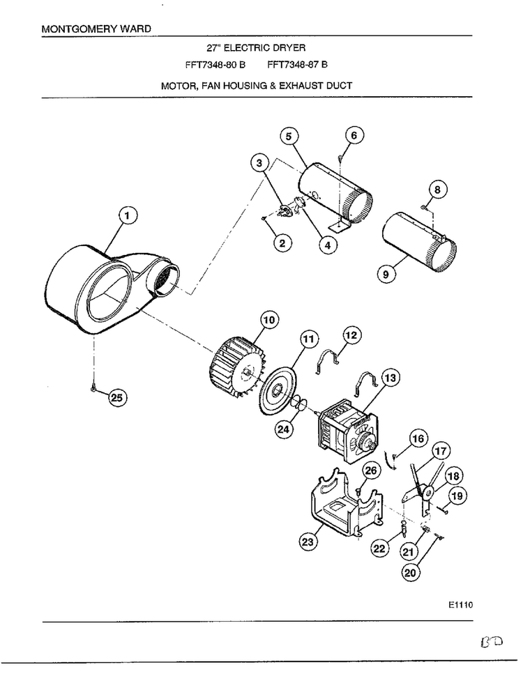 Motor, Fan Housing And Exhaust Duct Diagram and Parts List for 7348B  Frigidaire Dryer
