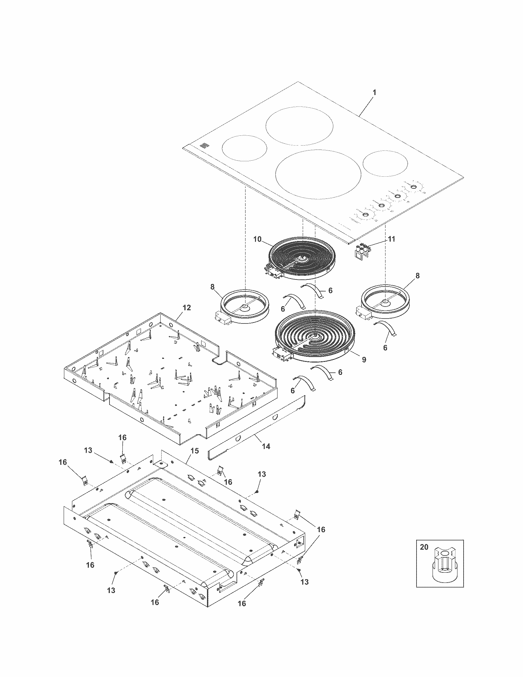 Main Top/surface Units Diagram and Parts List for 79045209410  Kenmore Cooktop