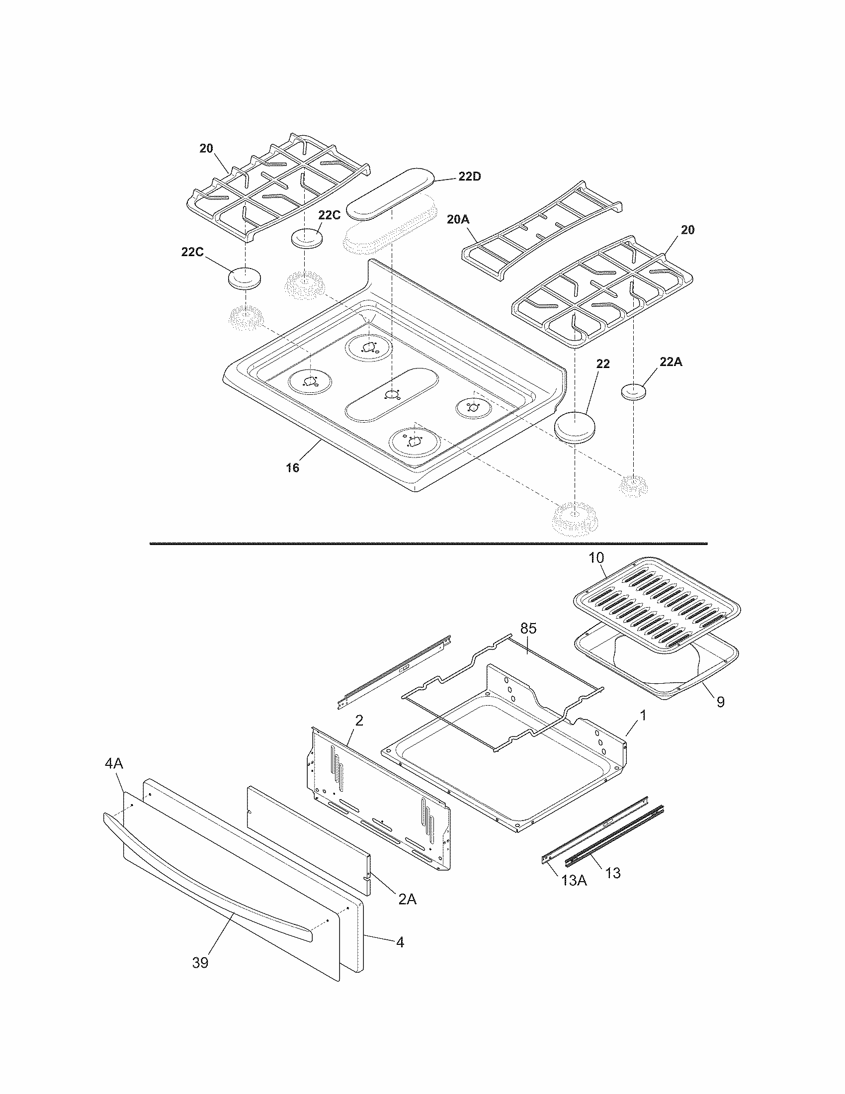 Top/drawer Diagram and Parts List for 79070613210  Kenmore Range