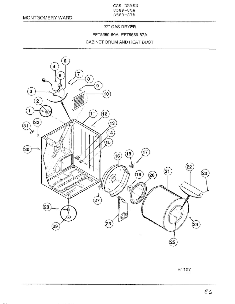 Cabinet Drum And Heat Duct Diagram and Parts List for 8589-87A  Frigidaire Dryer