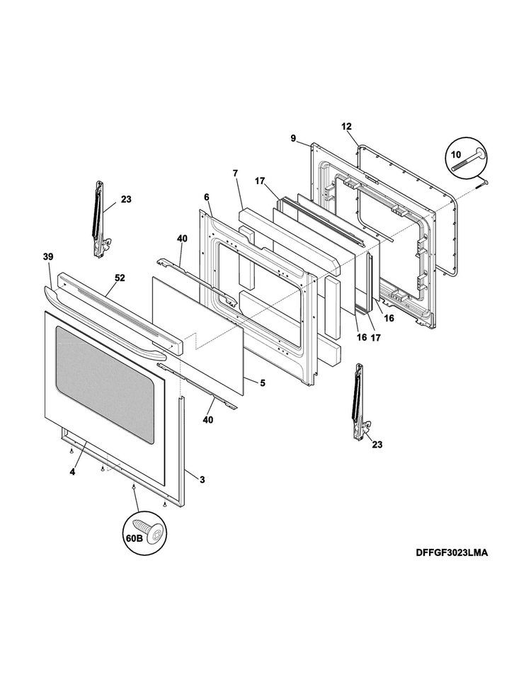 Door Diagram and Parts List for FFGF3023LME  Frigidaire Range