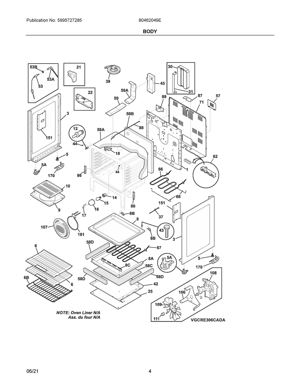 Body Diagram and Parts List for 80462049E  Frigidaire Range