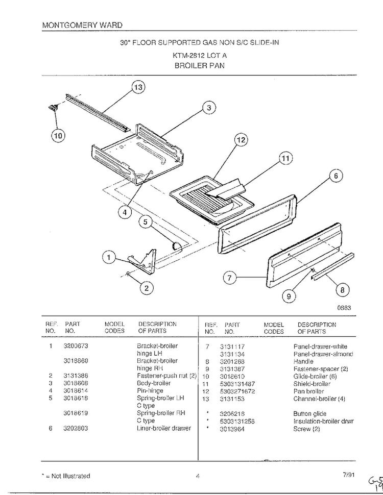 Broiler Pan Diagram and Parts List for 2812A  Frigidaire Range