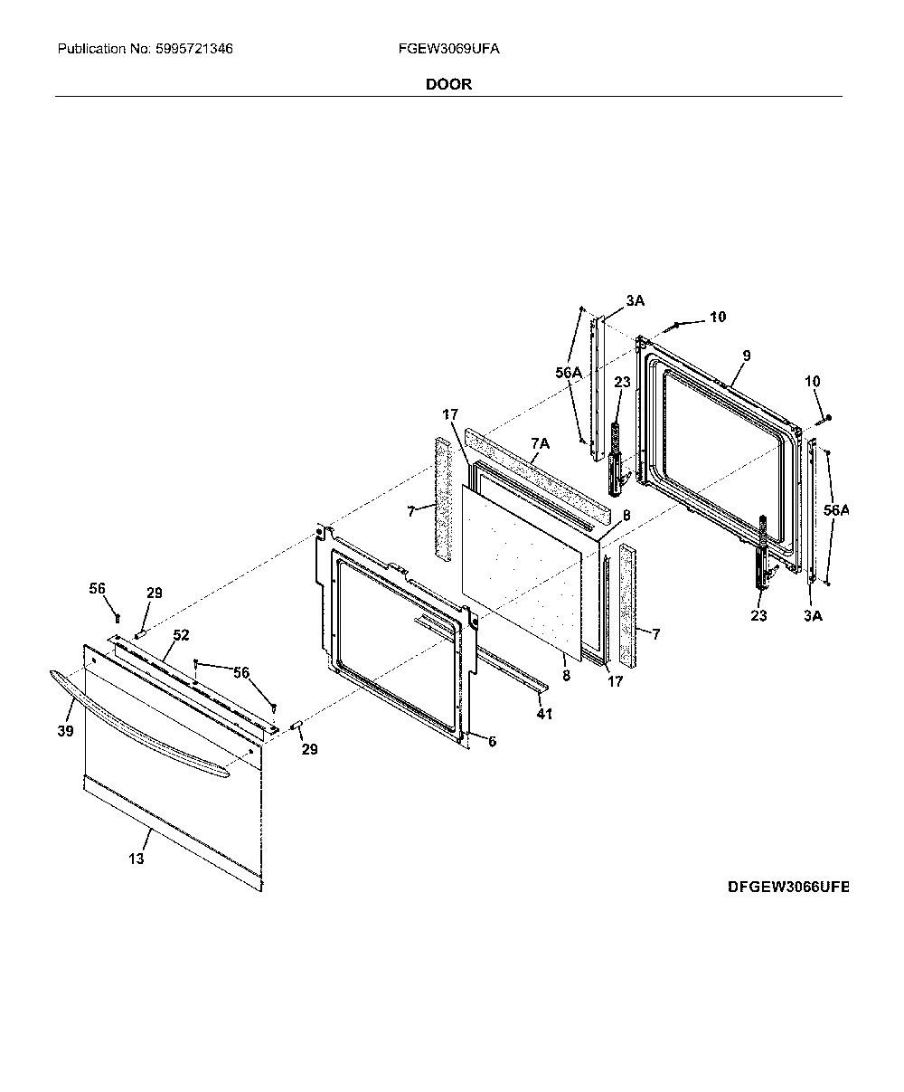 Door Diagram and Parts List for FGEW3069UFA  Frigidaire Wall Oven