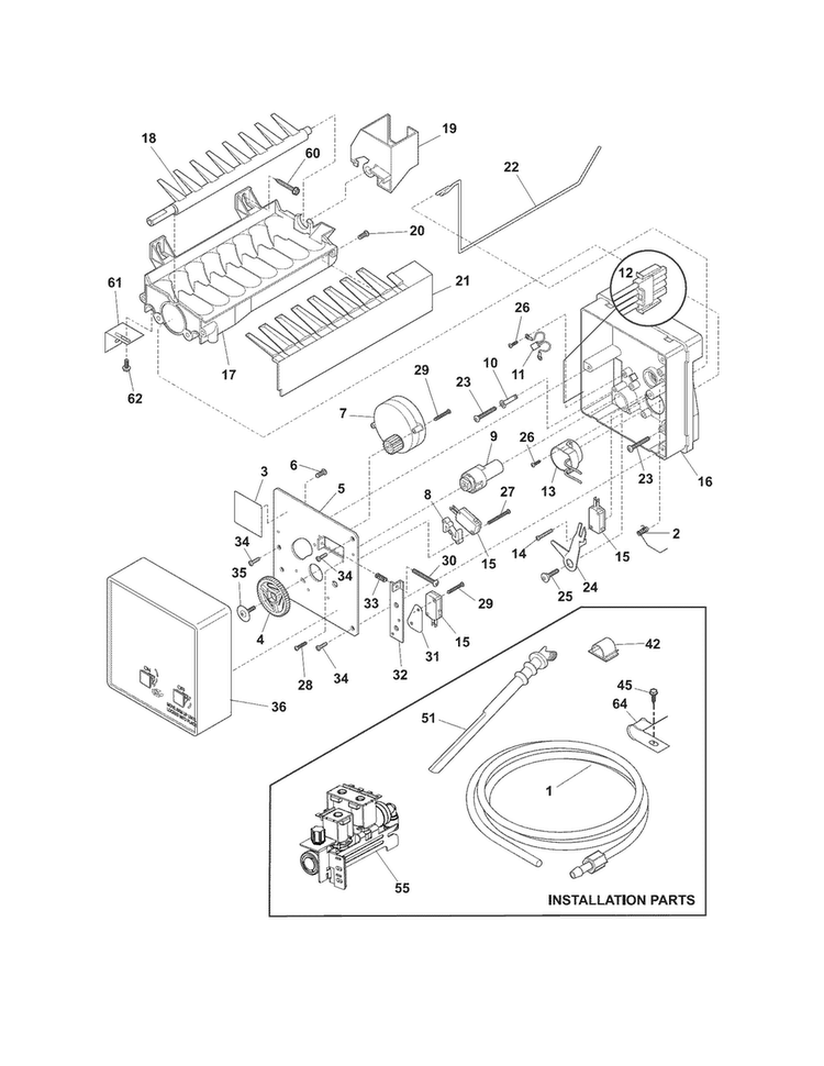 Ice Maker Diagram and Parts List for FFSS2622NW3  Frigidaire Refrigerator